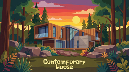 Fototapeta premium contemporary house surrounded by dense forest vector cartoon illustration, combining clean architectural lines with natural elements for sustainable living and modern lifestyle visuals