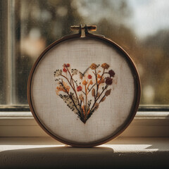 heart shaped floral embroidery in wooden hoop