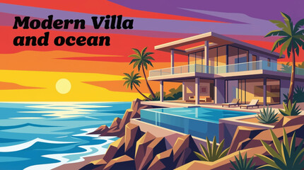 Fototapeta premium luxury modern villa overlooking the ocean with open terraces and panoramic sea views, representing premium coastal living and high-end architectural design