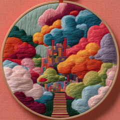 abstract colorful embroidery in wooden hoop