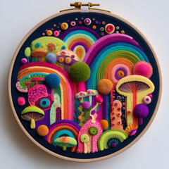 abstract colorful embroidery in wooden hoop