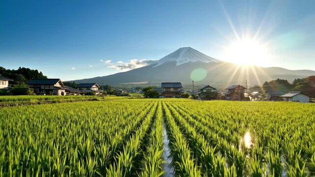 Scenic view of rice fields with mount Fuji in the background under a bright sunshine, Japan