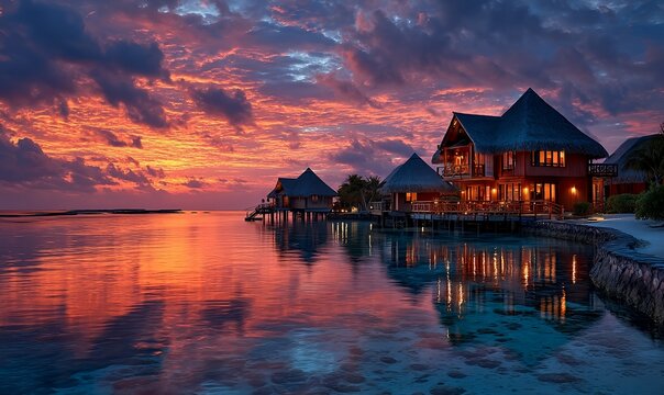 Dreamlike Maldives sunset scene with stilted resort villas glowing above turquoise sea