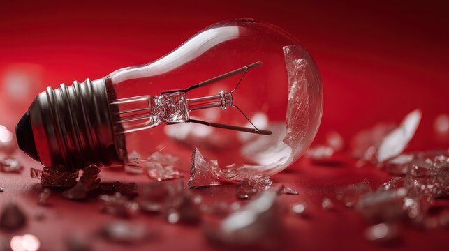 Shattered E27 modeling light bulb against a solid red backdrop following a fall