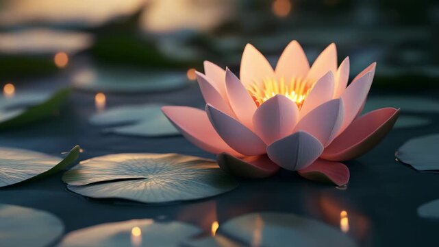 Glowing lotus flower on water with light reflection and blurred background