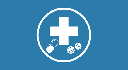 Obraz premium Healthcare and pharmaceutical icon with white medical cross, capsule, and pills on a solid blue background, symbolizing medicine and first aid.