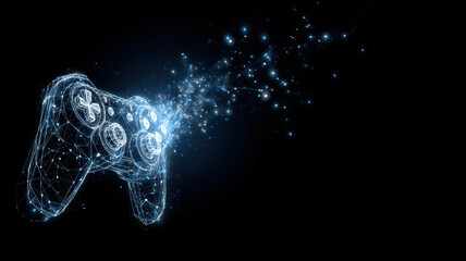 Fun gaming entertainment. A digital artwork of a game controller with glowing blue lights emanating from it against a dark background. The controller is composed of connected lines and dots.