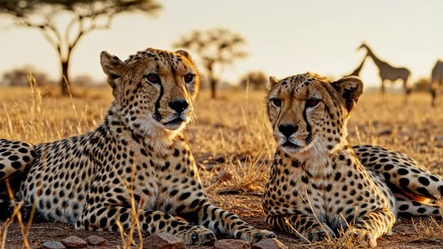 Two cheetahs resting together in a dry savanna landscape under the warm morning sunlight with giraffes in the background