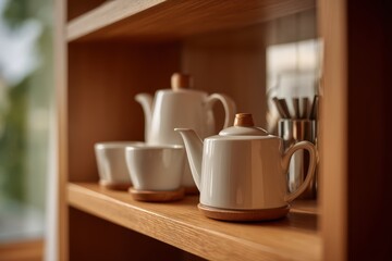 Fototapeta premium Self-service tea and coffee arrangement on wooden shelf in an upscale hotel room