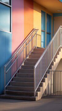 Building entrance featuring a staircase with metal railing, colorful fa&ccedil;ade, and staircase leading to various levels, suitable for an educational or healthcare facility