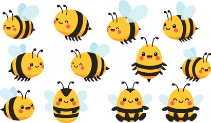 Naklejka premium Cartoon Bees Flying with Smiling Faces.
