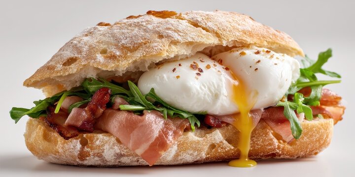 Sandwich with poached egg and bacon on ciabatta bread