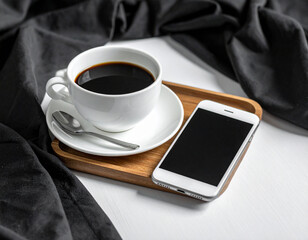 Monochrome Morning Ritual - Black Coffee in a White Cup with a Smartphone on a Wooden Tray.