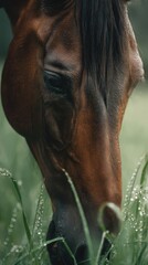 Naklejka premium Horses feeding in lush grassland