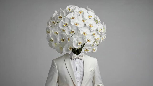A figure in a crisp white suit and bow tie wears a large spherical headpiece made of white orchid flowers, rotating against a simple grey background, symbolizing elegance and nature's beauty.