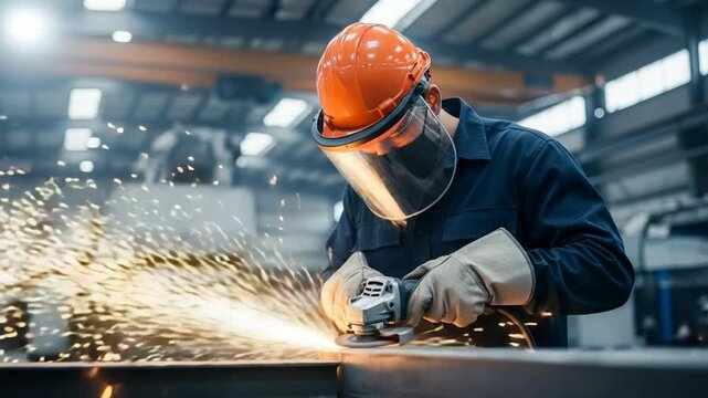 Industrial worker in protective gear using an angle grinder on metal in a factory setting with sparks flying