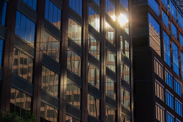 Sunlight reflecting off glass facade with geometric patterns in urban architectural scene