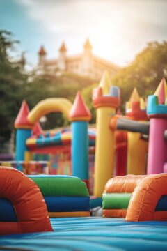 Two colorful bounce houses are prepared for children on a beautiful sunny day in the park