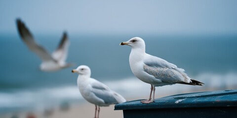 Obraz premium Gulls perched on a trash container overseeing the shore