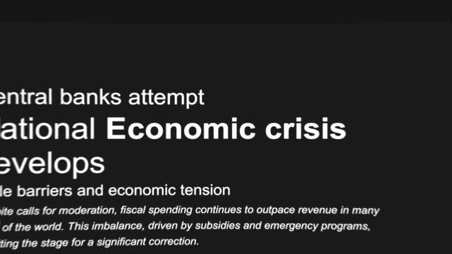 Economic crisis, financial collapse news headlines animation match cut, newspaper effect, typography dynamic text transition
