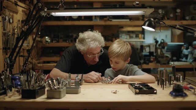 Elderly Man Teaching Boy at Watchmaker Workbench