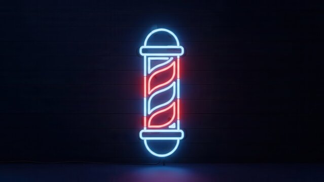 Vibrant glowing barber pole neon sign illuminates dark textured wall with retro style