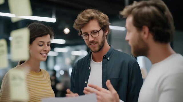 A startup team shares ideas around a prototype of a smart wearable device, surrounded by feedback notes and brainstorming materials in a vibrant collaborative workspace. cinematic color correction,
