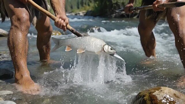 Survival concept shows primitive fishing technique as hunters strike fish in river shallows, then lift spears upward with trapped catch while water ripples around legs and stones.