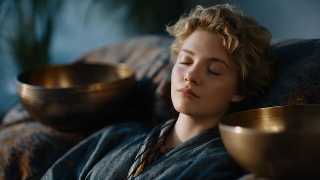 Alternative medicine concept features singing harmonic tones created by bowls, supported by tuning forks used in frequency based healing sessions. cinematic color correction, natural uneven