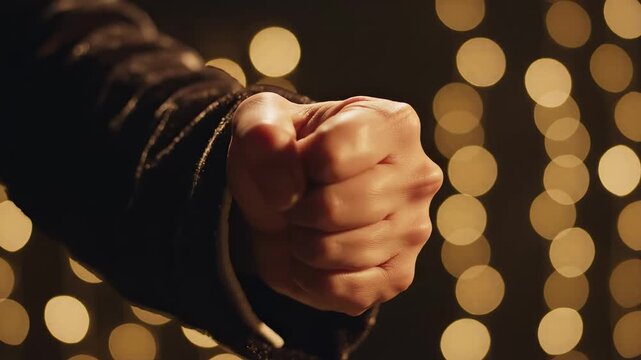clenched fist in leather sleeve