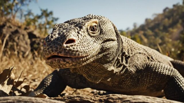Komodo dragon lizard close up in natural habitat, showing teeth, tongue, and rough skin textures, outdoors on sunny day