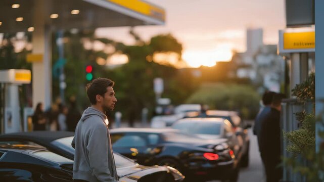 Gas filling station environment with people actively refueling vehicles, ordinary scene capturing transportation reliance, fuel supply, and everyday urban movement. cinematic color correction,