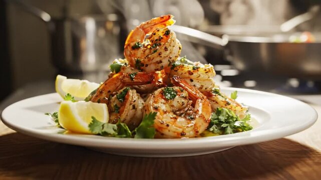 Savory garlic herb butter shrimp served on a white plate with lemon wedges and fresh cilantro in a restaurant kitchen