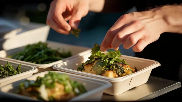 Hands preparing lunch with careful portion sizing, placing ingredients into labeled containers to maintain food control and balanced diet goals. cinematic color correction, natural uneven lighting