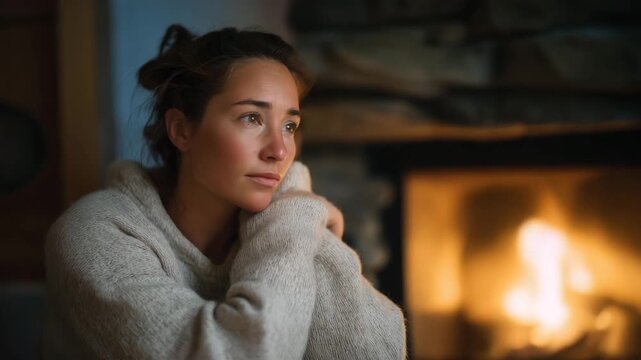 Person sitting quietly near a fireplace, gentle firelight illuminating face, calm posture and stillness expressing solitude, warmth, and mindful rest. cinematic color correction, natural uneven