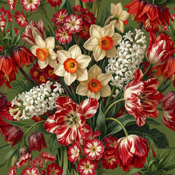 Seamless vector pattern with colorful spring garden flowers isolated on a changeable background. Vintage painting style illustration.