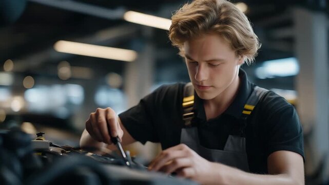 Under workshop lighting, a technician focuses on installing a chip powered tuning box onto the car&rsquo;s engine, emphasizing precision and electronic integration. cinematic color correction, natural