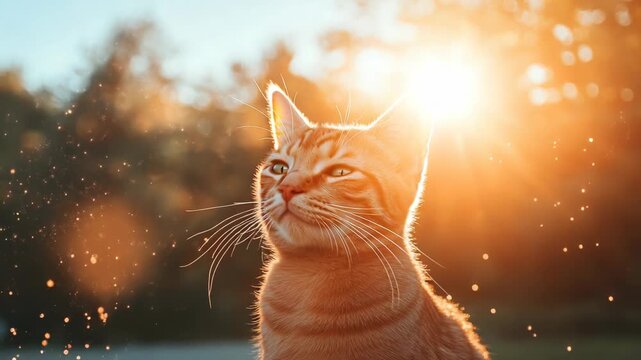 Warm, golden-lit shot of an orange tabby cat enjoying the sun, eyes closed. Sparkle effect