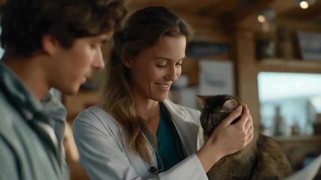 A compassionate moment shows a veterinarian consulting with clients inside a well equipped clinic, emphasizing trust, animal welfare, and medical expertise. cinematic color correction, natural