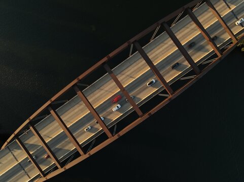Top down view of Pennybacker Bridge at sunset in Austin, Texas USA
