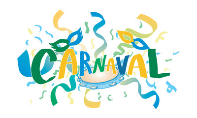 Carnival with tambourine, masks, and ribbons. Banner of the most famous Brazilian popular festival. Transparent background. © Elvis