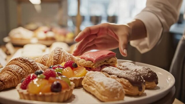 Delicious Assortment of Fresh Pastries on Display with Chef Presenting Gourmet Bakery Treats