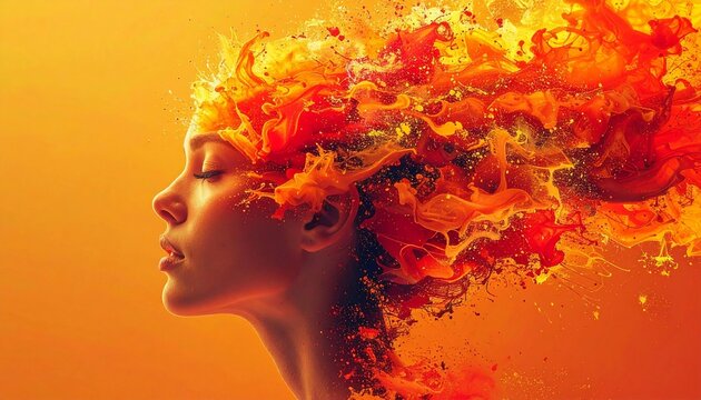 Profile of a woman with vibrant fiery liquid exploding from her head.