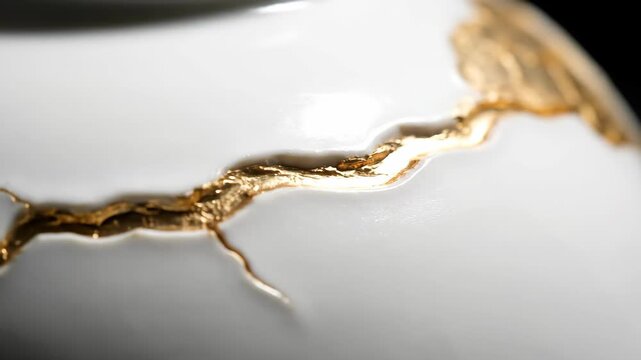 Macro detail of kintsugi gold repair on white ceramic