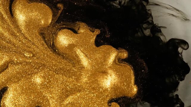 Abstract gold and black fluid ink mixing. Luxurious and dramatic texture