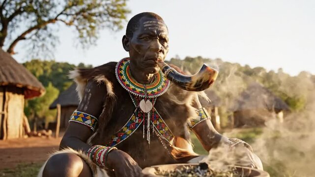 African Elder Cleansing Ritual with Incense Pipe in Rural Village: Ancestral Invocation and Cultural Practice