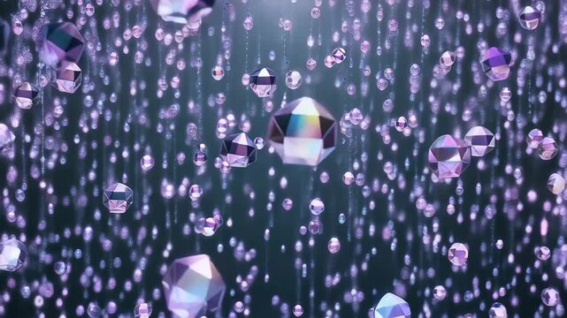 A background of falling "Glass Rain" where each drop is a tiny crystal prism, reflecting a soft pastel world as it falls.