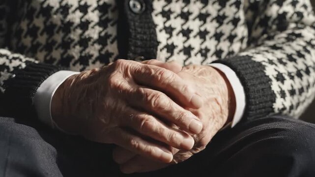 Elderly persons hands in patterned sweater