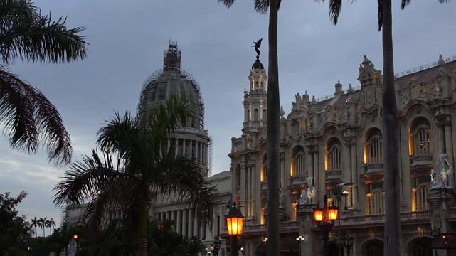 Historic architecture of the National Capitol Building and the Great Theater in the city of Havana Cuba