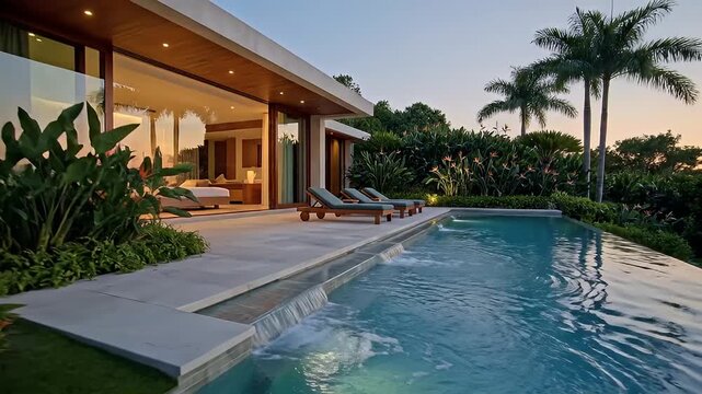 A serene video showcasing a luxurious poolside at dusk with a modern house